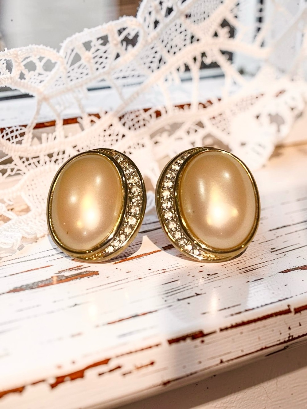 Nina Ricci Pearl Pave Swarovski Crystal Clip On Earrings Vintage Statement